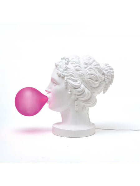 Lampe mit griechischem Götter Kopf und Kaugummiblase, Weiß und Pink