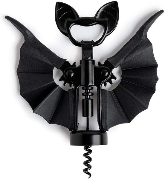 Korkenzieher in Form einer schwarzen Fledermaus, mus schwarzen Flügeln aus Silikon