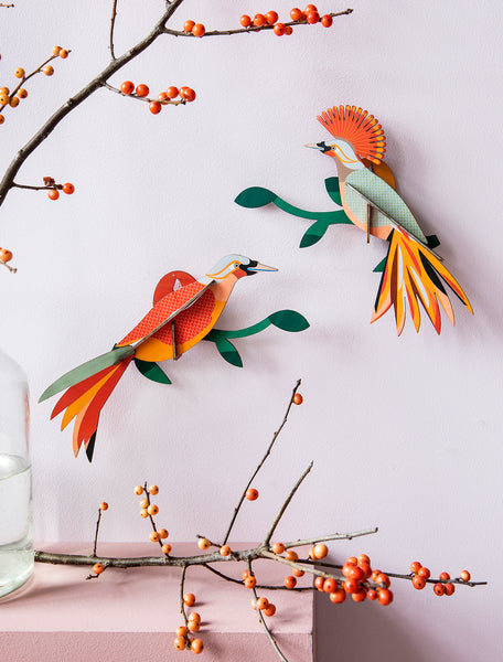 Paradiesvogel aus Papier in 3D-Optik zum zusammenstecken von Studio Roof in den leuchtenden Orangefarben mit grünen Akzenten